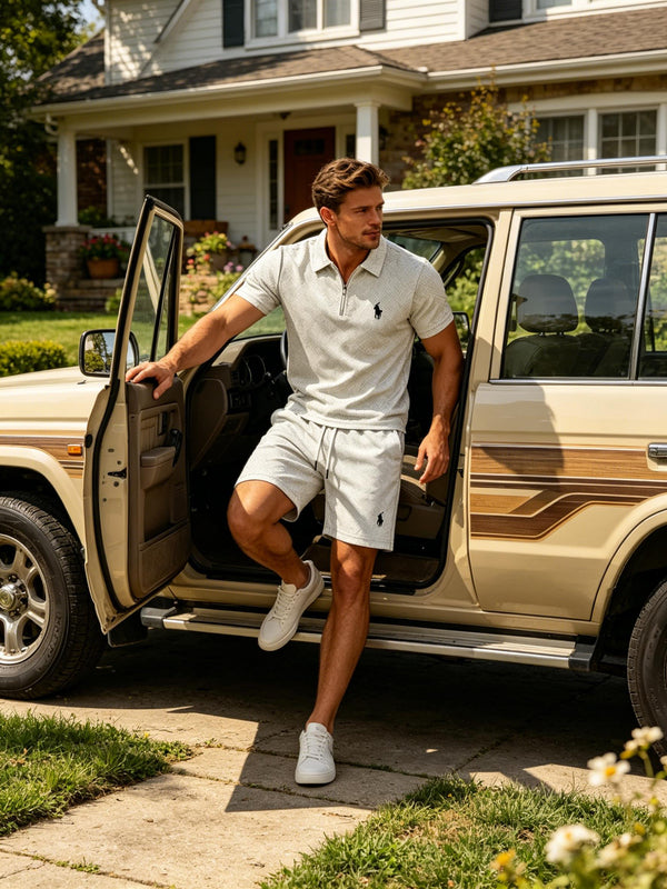 Textured Polo & Shorts Set