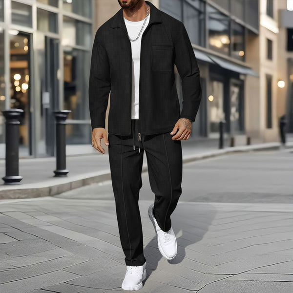 Waffle Knit Lapel Zip-Up Men