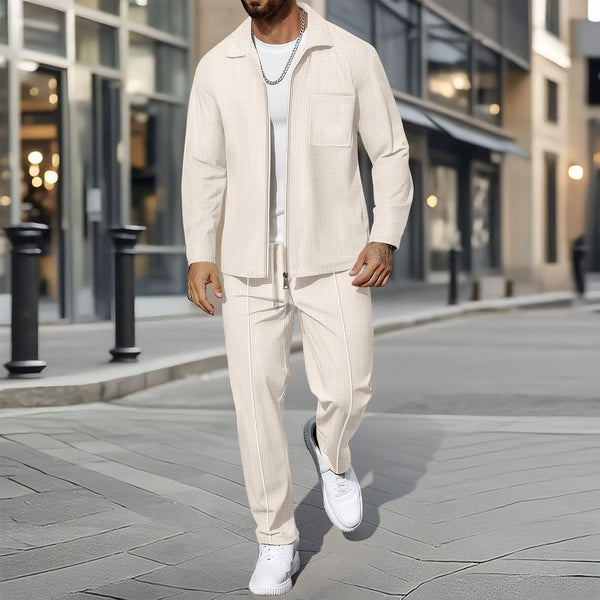 Waffle Knit Lapel Zip-Up Men